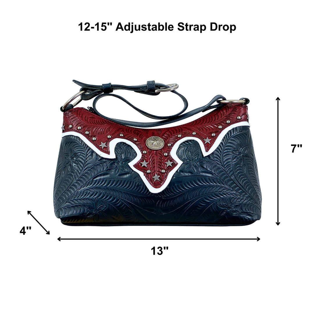 Stars and Stripes shoulder bag in navy with hand tooled leather accents with dimensions