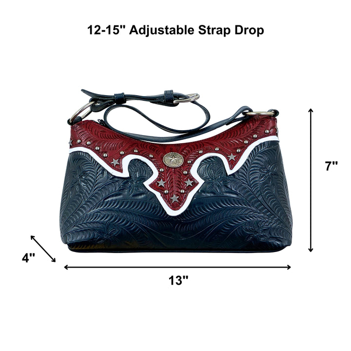 Stars and Stripes shoulder bag in navy with hand tooled leather accents with dimensions