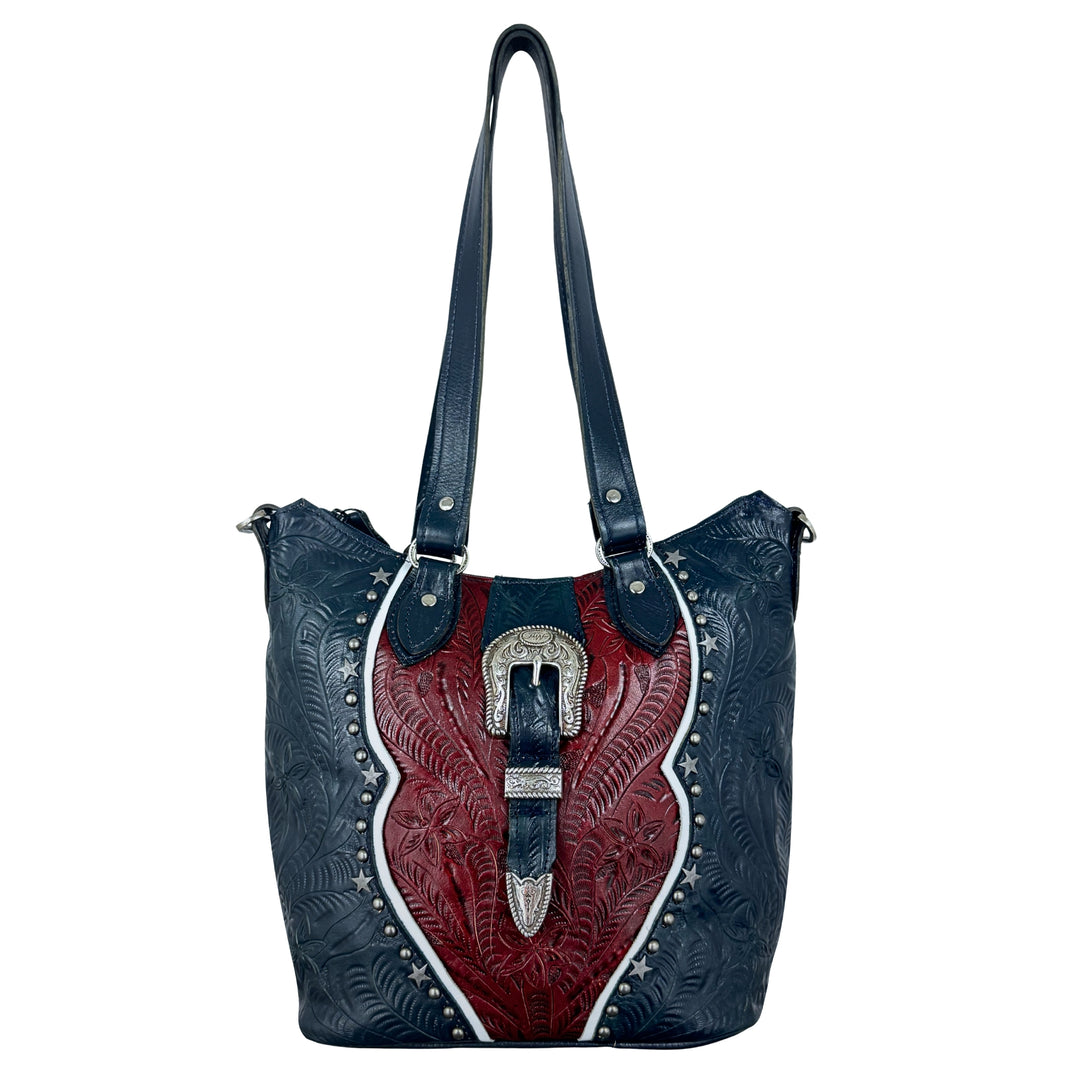 Stars and Stripes bucket tote in navy with hand tooled leather accents with handles up