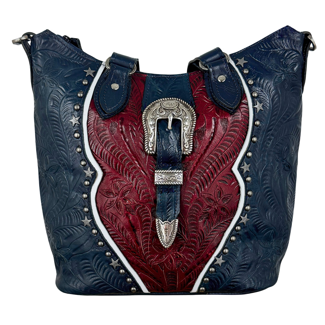 Stars and Stripes bucket tote in navy with hand tooled leather accents