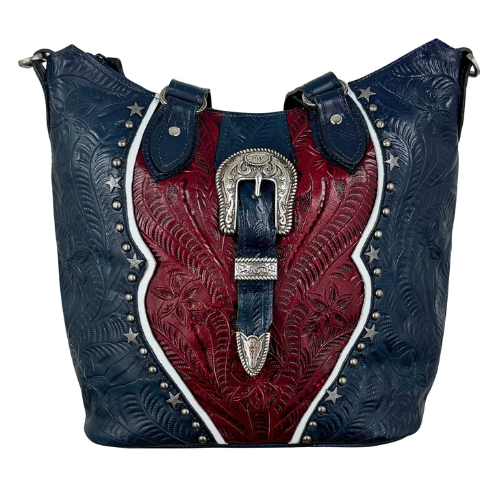 Stars and Stripes bucket tote in navy with hand tooled leather accents