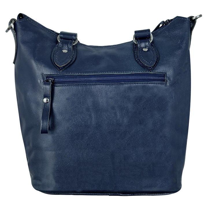 Back view of Stars and Stripes bucket tote in navy with hand tooled leather accents