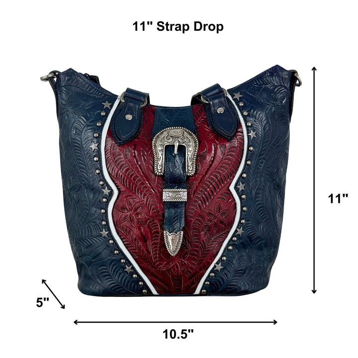 Stars and Stripes bucket tote in navy with hand tooled leather accents with dimensions
