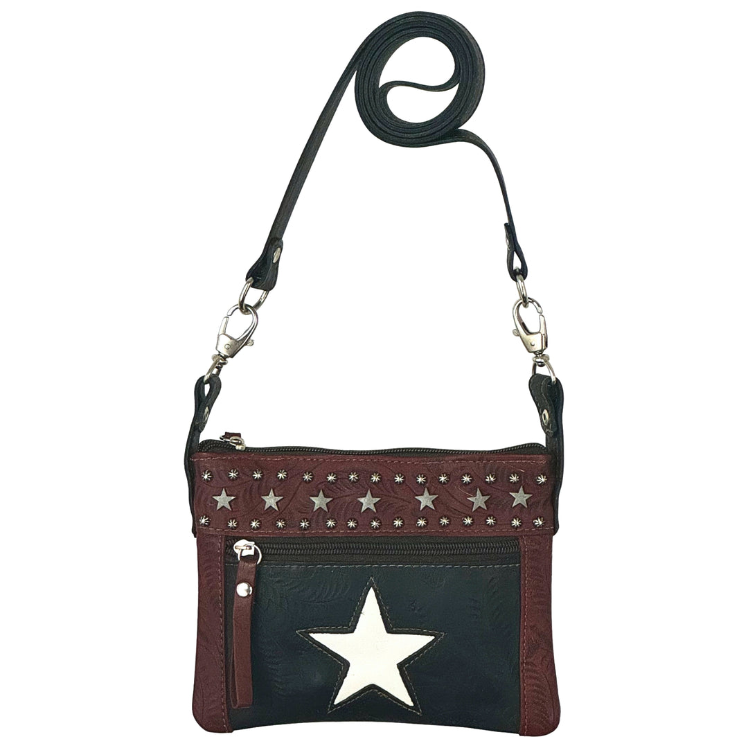 Lone Star crossbody/hip bag in navy blue with hand tooled leather accents