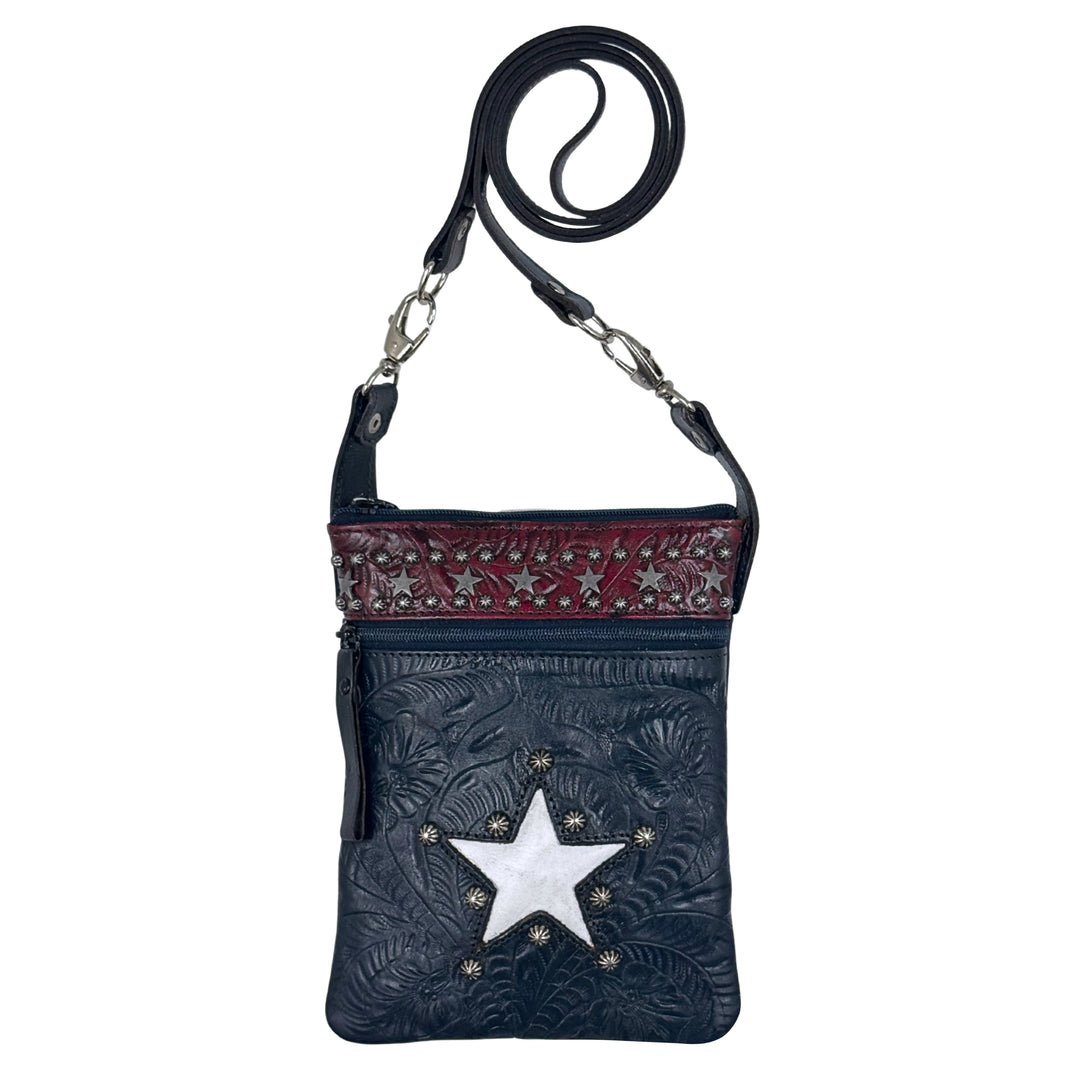 Stars and Stripes Trail Rider Tall Crossbody – Hand-Tooled Genuine Leather