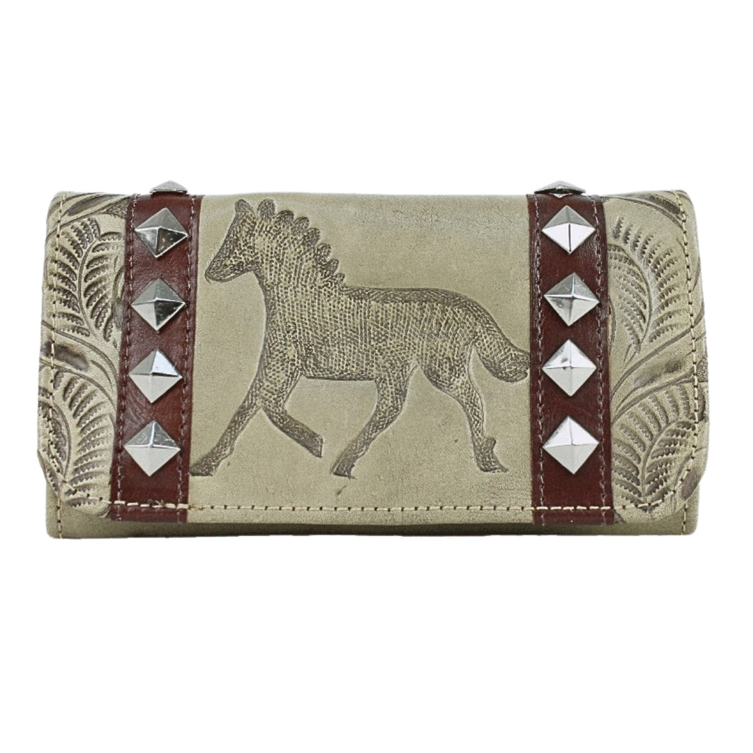 Hitchin' Post tri-fold wallet in sand with hand tooled leather accents