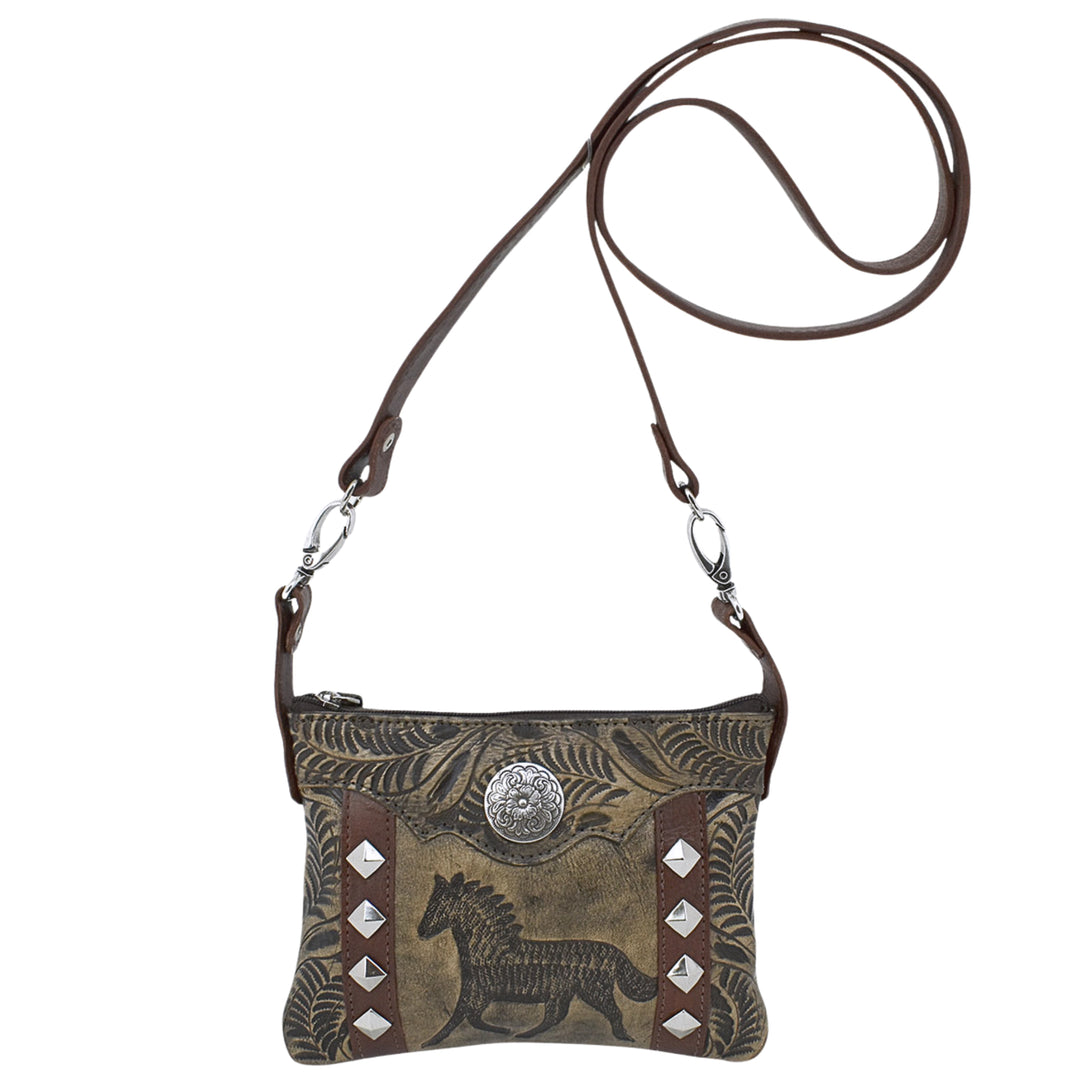 Hitchin' Post crossbody/hip bag in distressed charcoal brown with hand tooled leather accents
