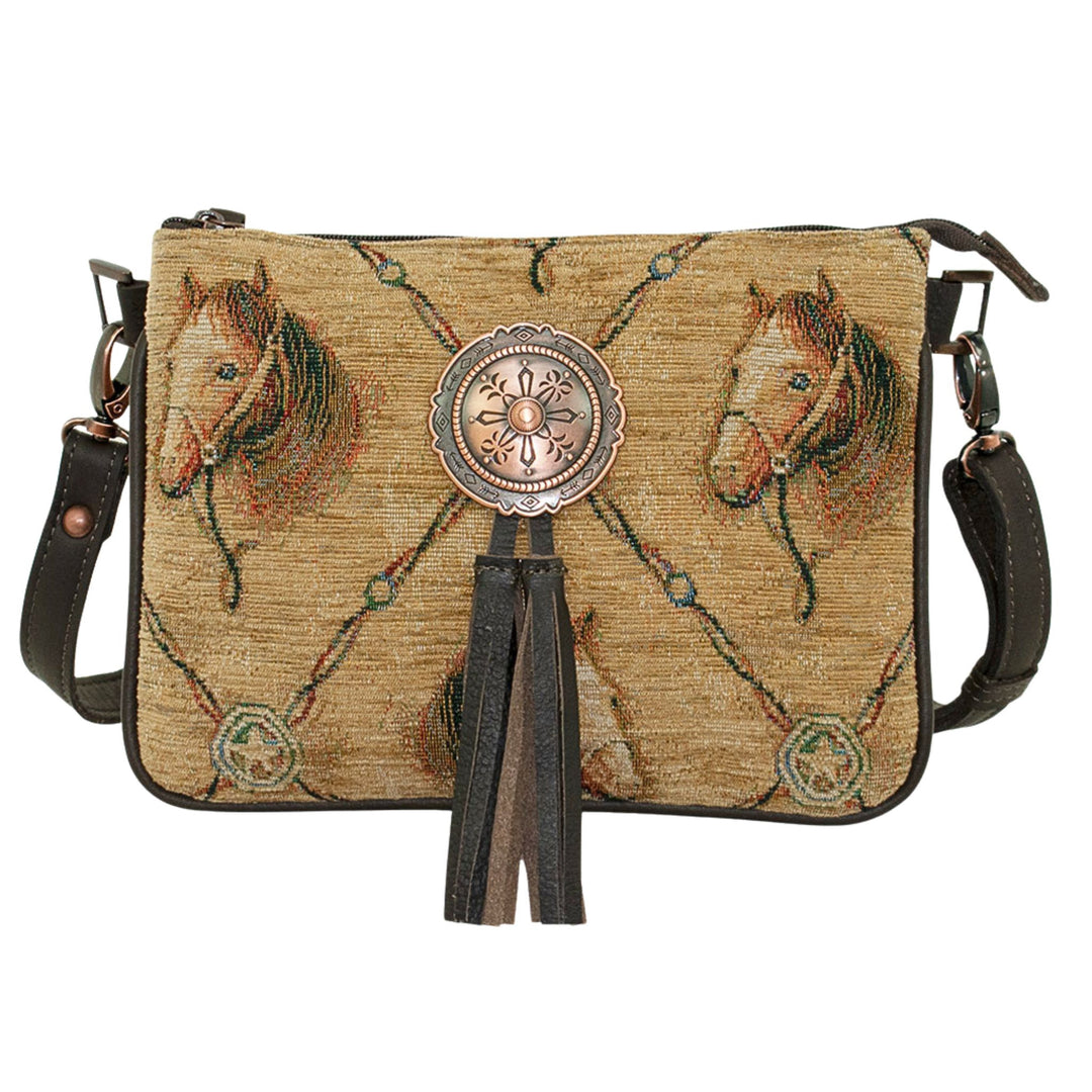Bits and Bridle multi-compartment Crossbody in woven tapestry with hand tooled leather accents