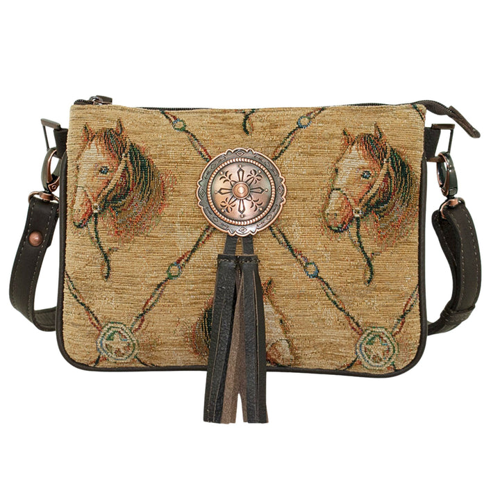 Bits and Bridle multi-compartment Crossbody in woven tapestry with hand tooled leather accents