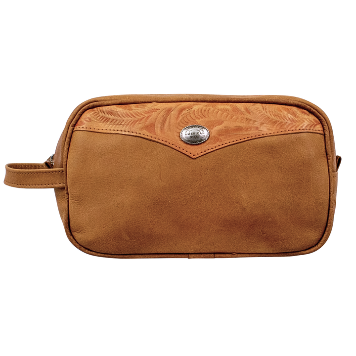 Waxed Leather dopp/shaving kit in natural tan with hand tooled leather accents