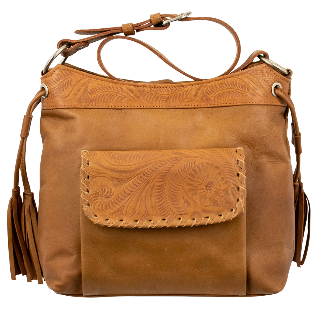 Waxed Leather shoulder bag in natural tan with hand tooled leather accents