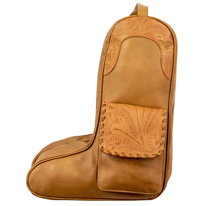 Waxed Leather boot bag in natural tan with hand tooled leather accents