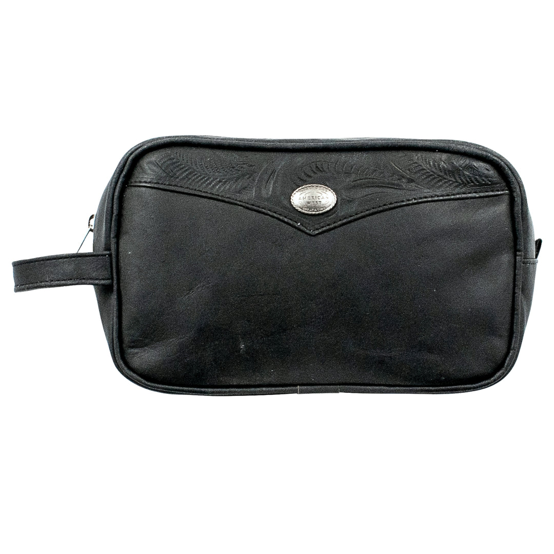 Waxed Leather dopp/shaving kit in black with hand tooled leather accents