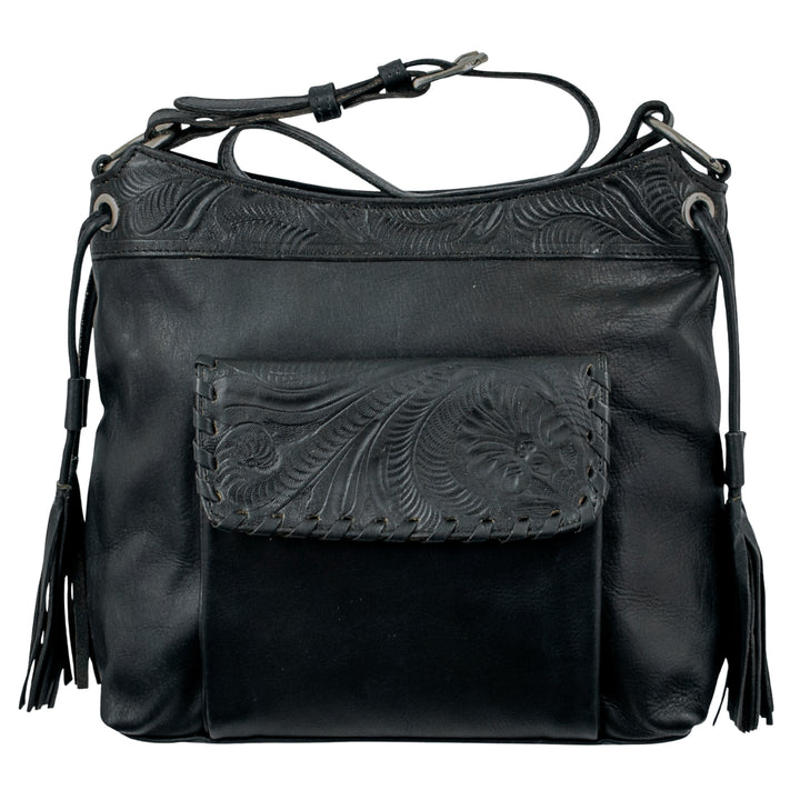 Waxed Leather shoulder bag in black with hand tooled leather accents