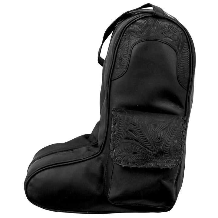 Waxed Leather boot bag in black with hand tooled leather accents