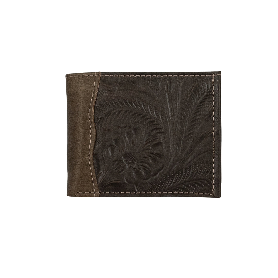 Waxed Leather men's bi-fold wallet in dark brown with hand tooled leather accents