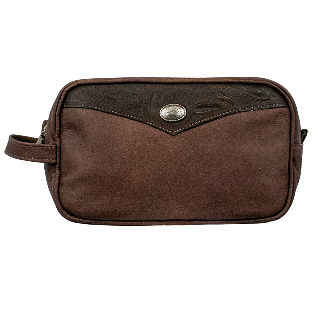 Waxed Leather dopp/shaving kit in dark brown with hand tooled leather accents