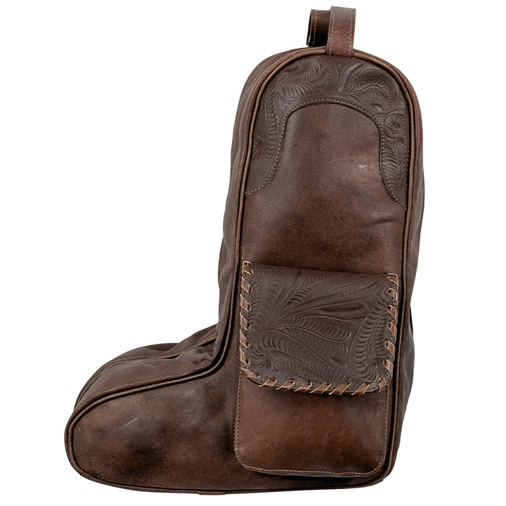 Waxed Leather boot bag in dark brown with hand tooled leather accents
