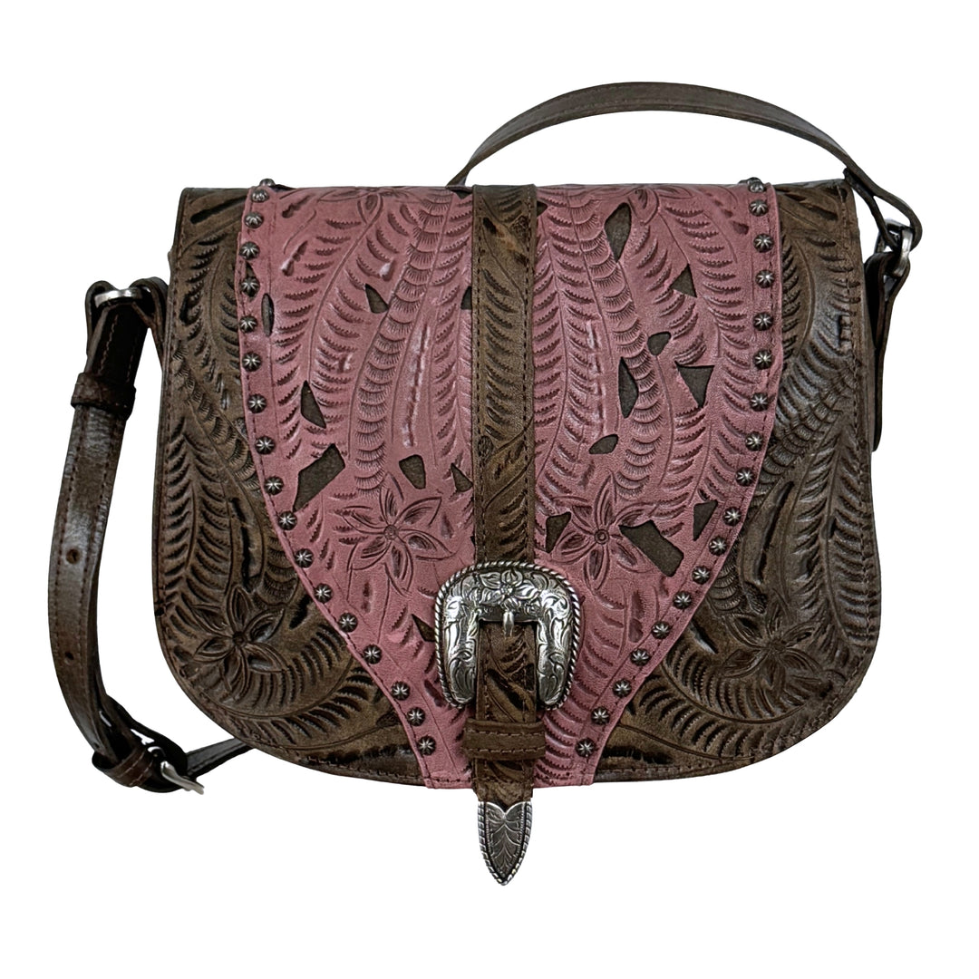 Woodland Bloom Saddle-Flap Crossbody Bag – Hand Tooled Genuine Leather