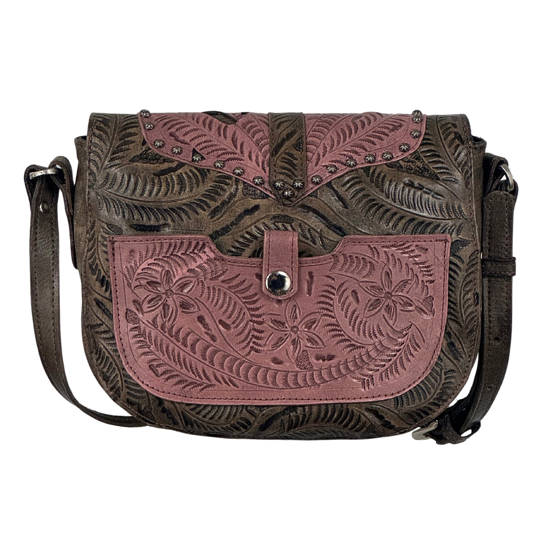 Woodland Bloom Saddle-Flap Crossbody Bag – Hand Tooled Genuine Leather