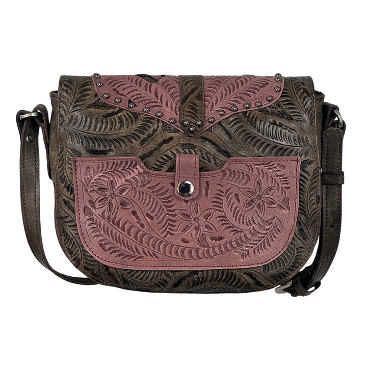 Woodland Bloom Saddle-Flap Crossbody Bag – Hand Tooled Genuine Leather