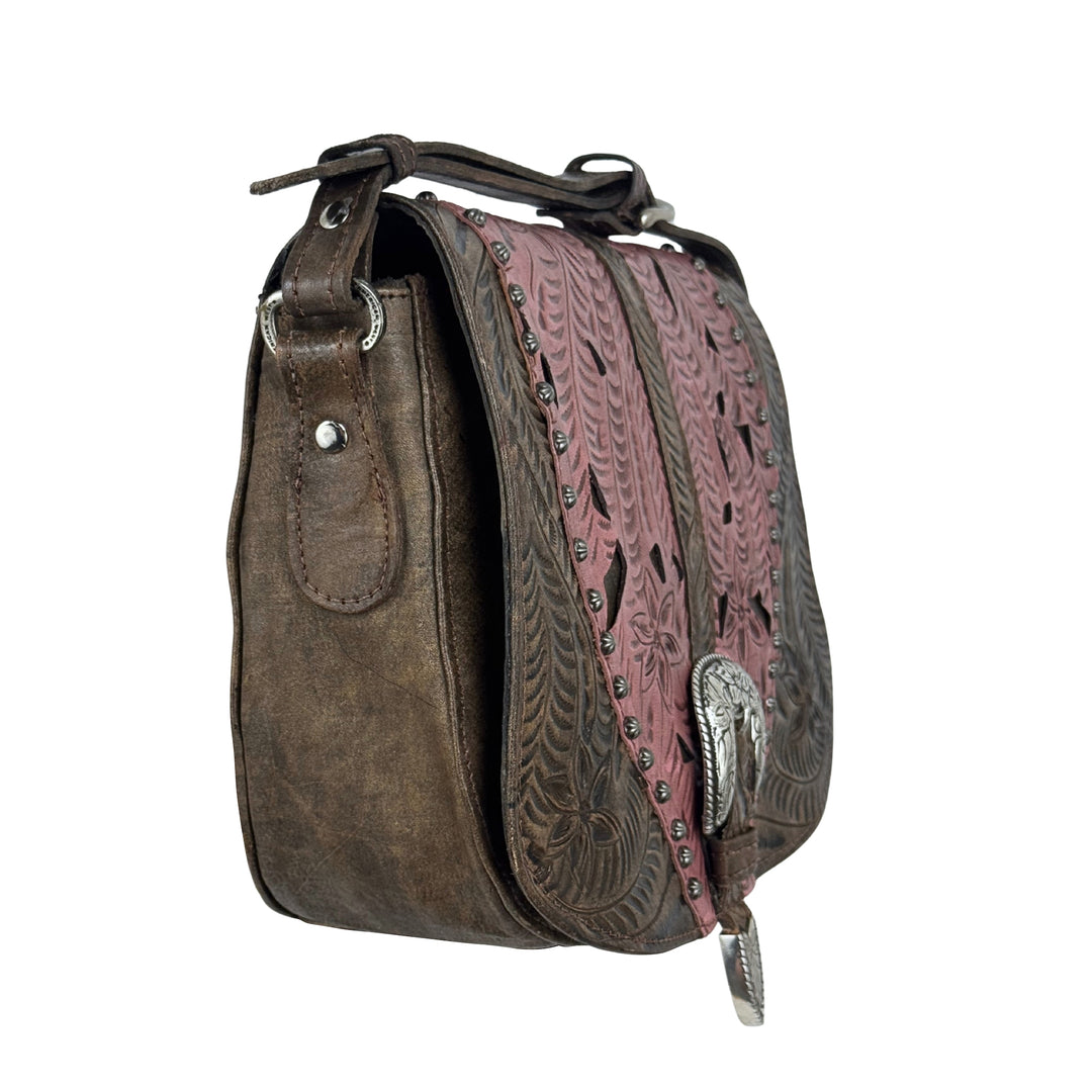 Woodland Bloom Saddle-Flap Crossbody Bag – Hand Tooled Genuine Leather