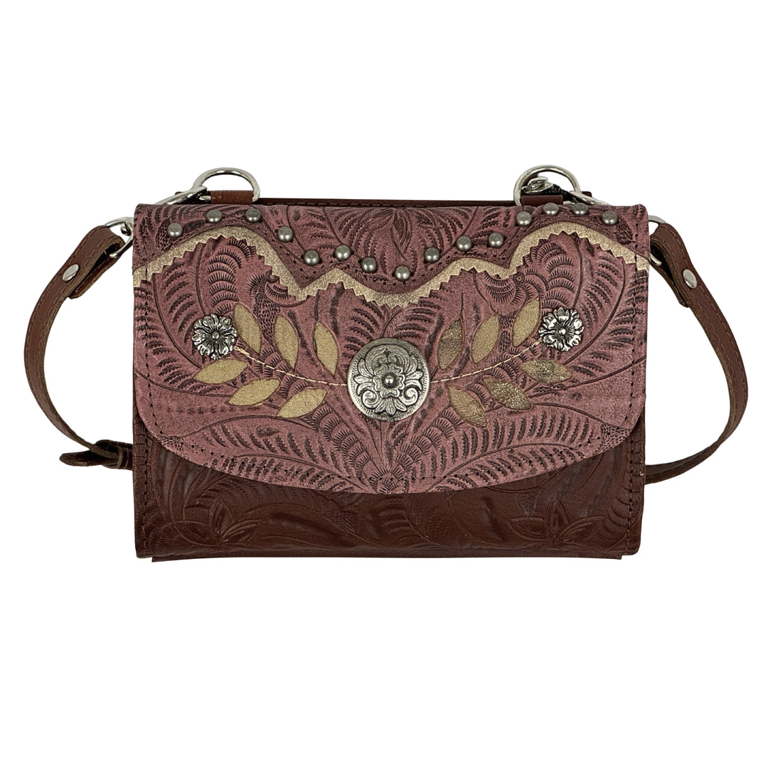 American West Woodland Bloom Small Crossbody Bag/Wallet – Hand Tooled Genuine Leather