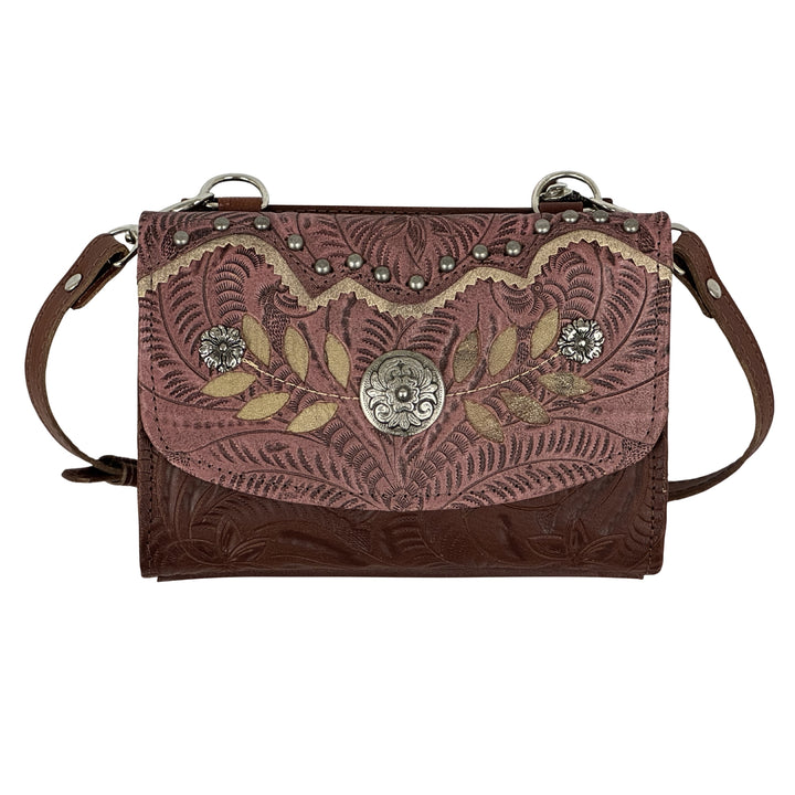 American West Woodland Bloom Small Crossbody Bag/Wallet – Hand Tooled Genuine Leather