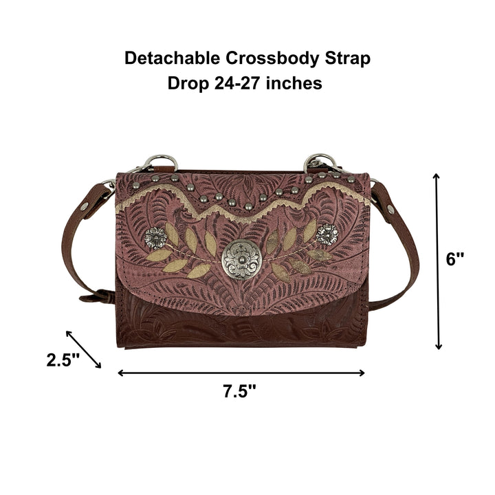 American West Woodland Bloom Small Crossbody Bag/Wallet – Hand Tooled Genuine Leather