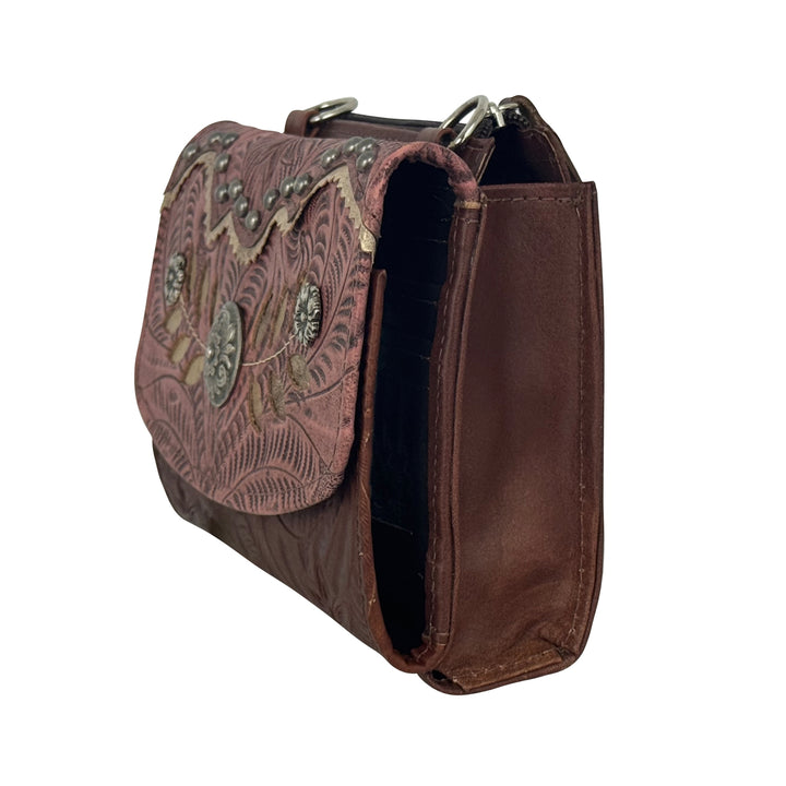 American West Woodland Bloom Small Crossbody Bag/Wallet – Hand Tooled Genuine Leather