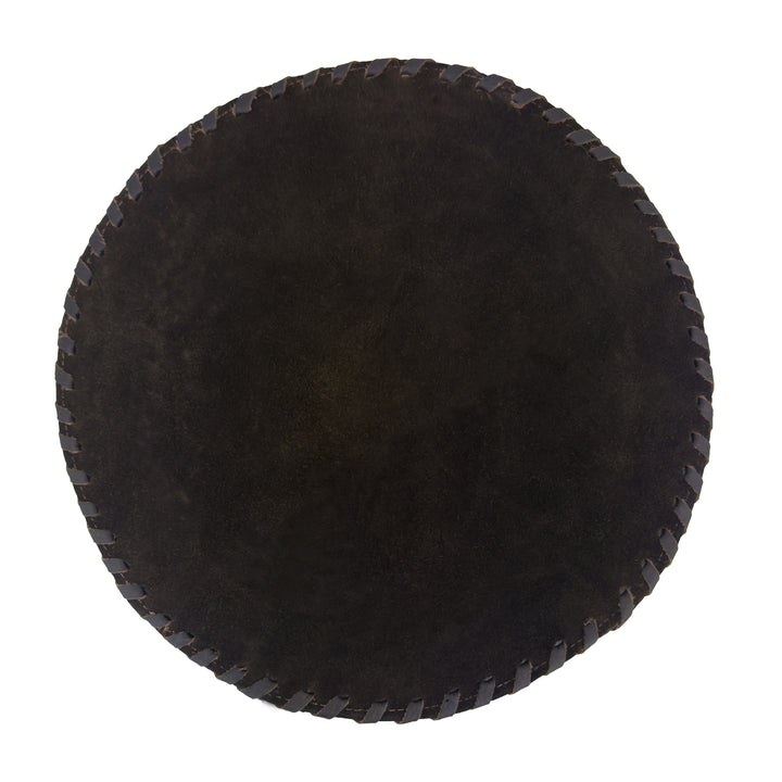 Back view of American West at Home placemat with brown hair-on hide center showing suede leather backing