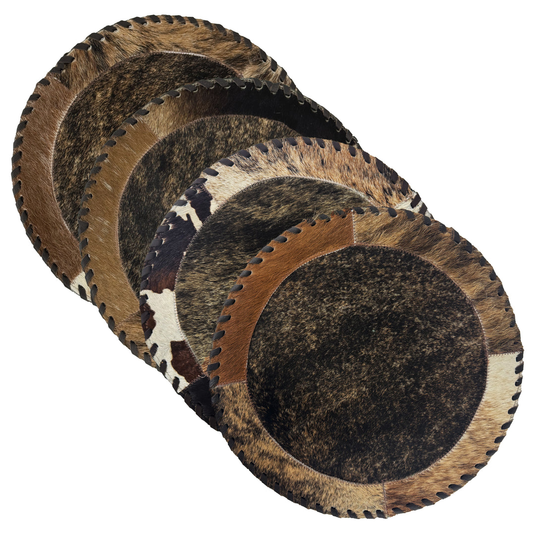 American West at Home coaster with brindle hair-on hide center shown in four pack