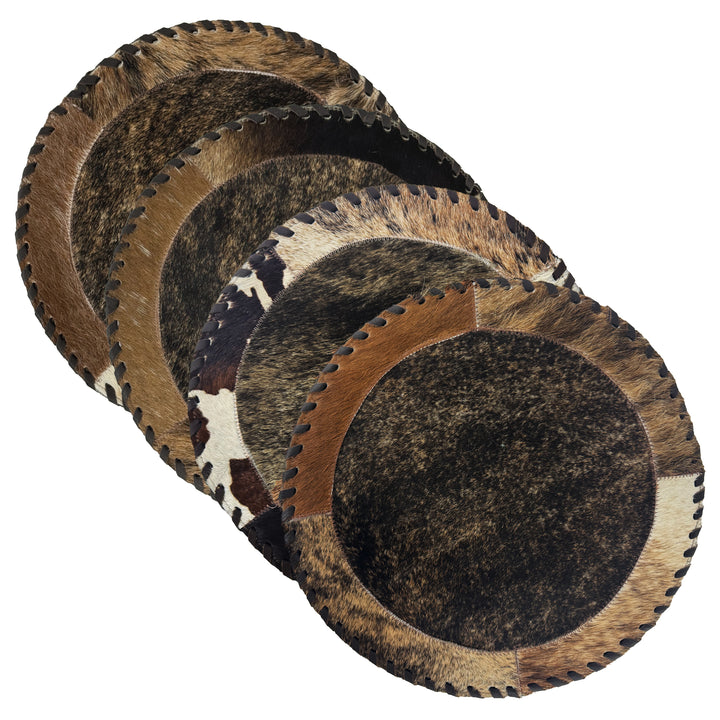American West at Home coaster with brindle hair-on hide center shown in four pack