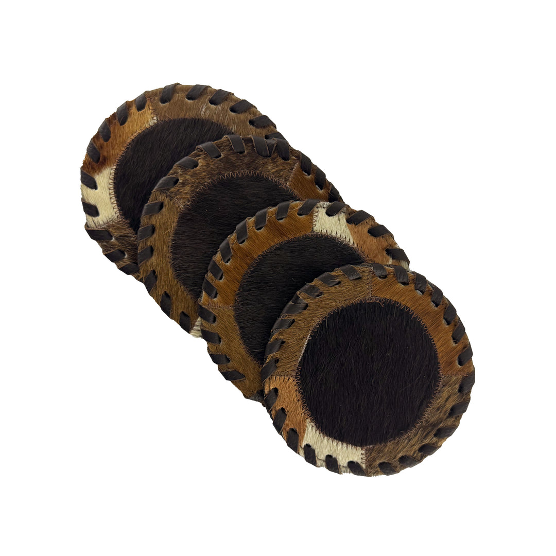 American West at Home coaster with brown hair-on hide center shown in four pack