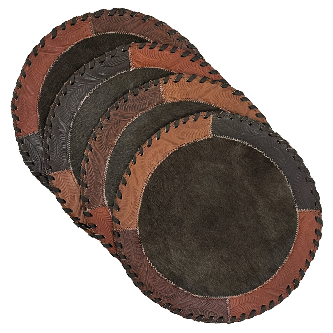 American West at Home placemat with brown hair-on hide center and hand tooled leather trim shown in four pack