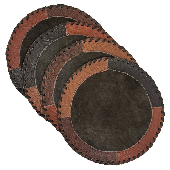 American West at Home placemat with brown hair-on hide center and hand tooled leather trim shown in four pack