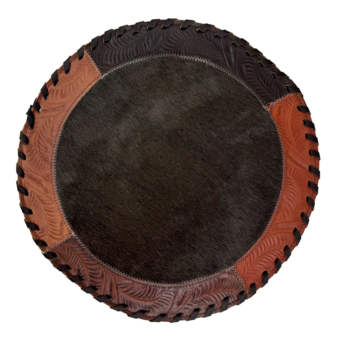 American West at Home placemat with brown hair-on hide center and hand tooled leather trim