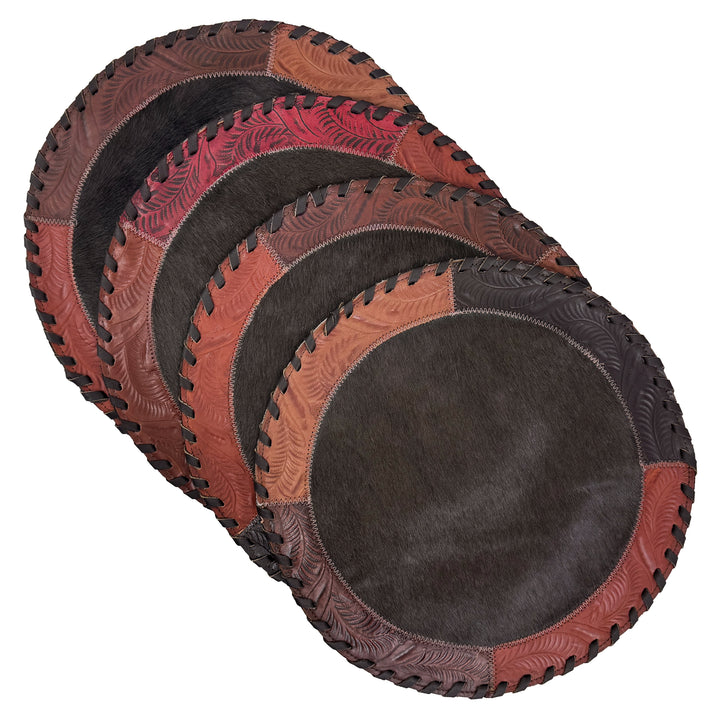 American West at Home placemat with brown hair-on hide center and hand tooled leather trim shown in four pack