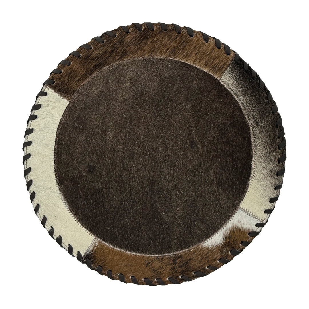 American West at Home placemat with brown hair-on hide center and hand tooled leather trim