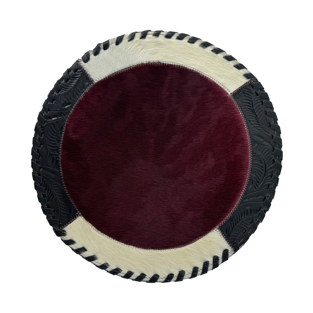 American West at Home placemat with crimson hair-on hide center and hand tooled leather trim
