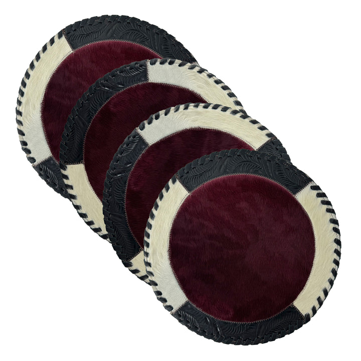 American West at Home placemat with crimson hair-on hide center and hand tooled leather trim shown in four pack