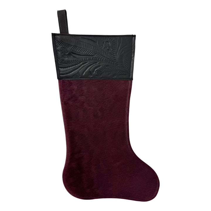 American West at Home Stocking crimson hair-on hide with black hand tooled leather accents