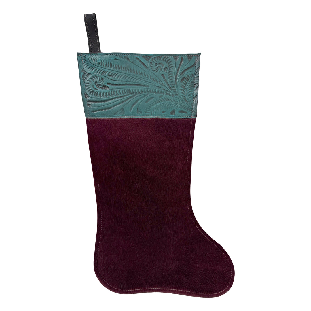 American West at Home Stocking crimson hair-on hide with turquoise hand tooled leather accents