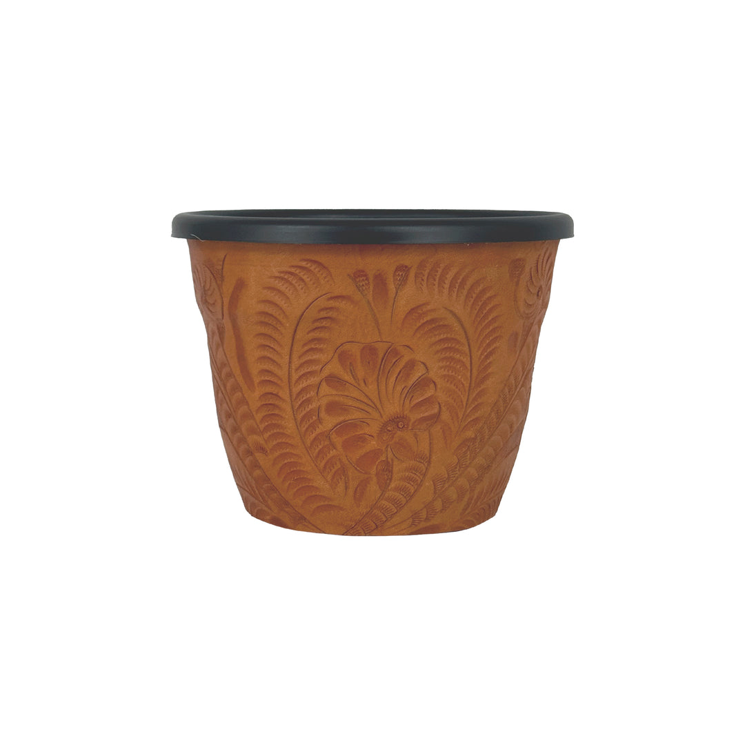 American West at Home five and a half inch round planter in natural tan with hand tooled leather accents