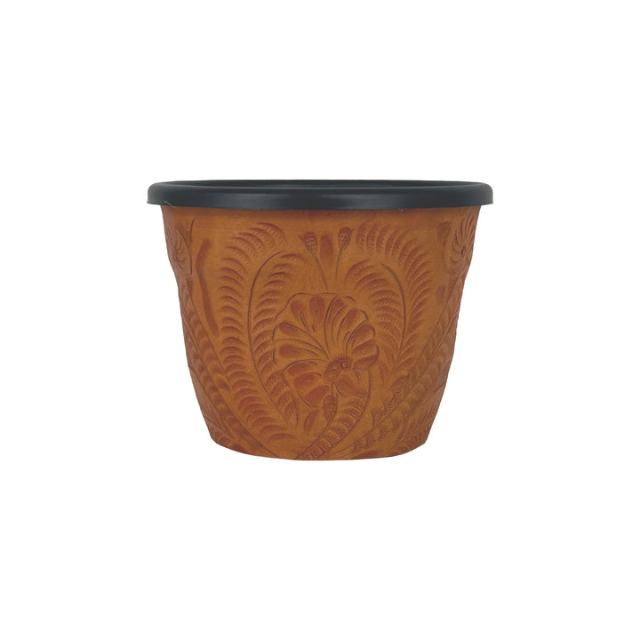 American West at Home five and a half inch round planter in natural tan with hand tooled leather accents