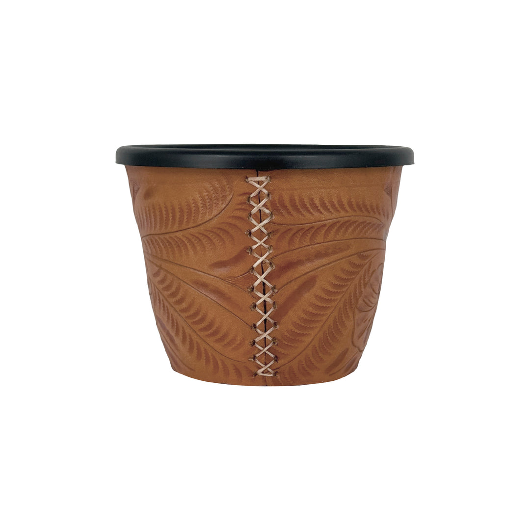 Back view of American West at Home five and a half inch round planter in natural tan