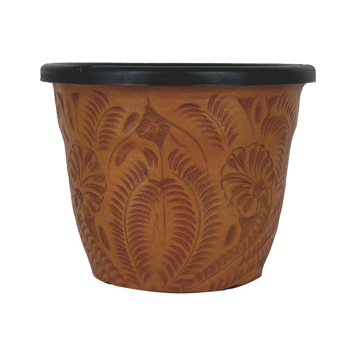 American West at Home six and a half inch round planter in natural tan with hand tooled leather accents