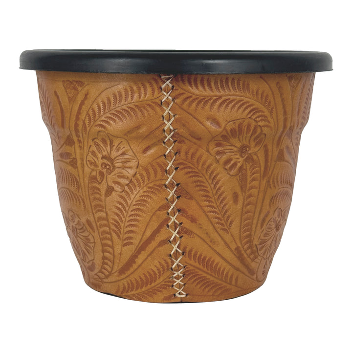 Back view of American West at Home ten inch round planter in natural tan with hand tooled leather accents