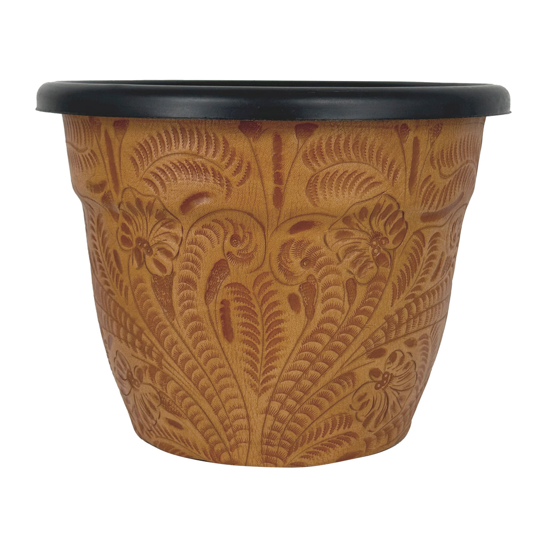 American West at Home ten inch round planter in natural tan with hand tooled leather accents