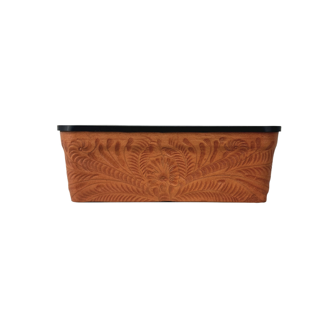 American West at Home ten inch rectangle planter in natural tan with hand tooled leather accents
